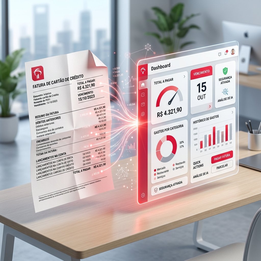 Upload de Fatura Bradesco PDF sendo convertida em um dashboard de forma automatizada por Inteligência Artificial