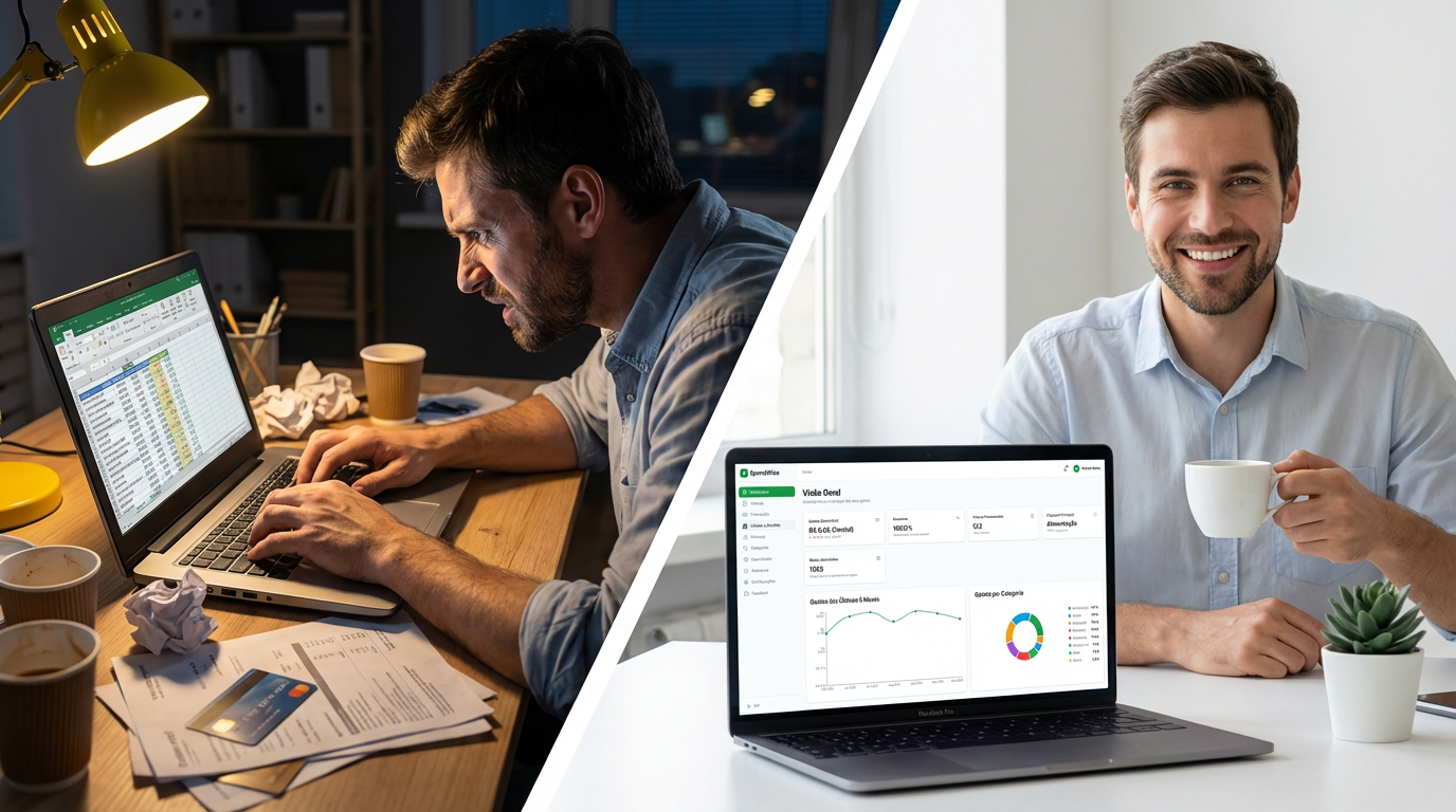 Comparação: trabalho manual frustrado com Excel vs pessoa feliz usando Junta Já com dashboard real