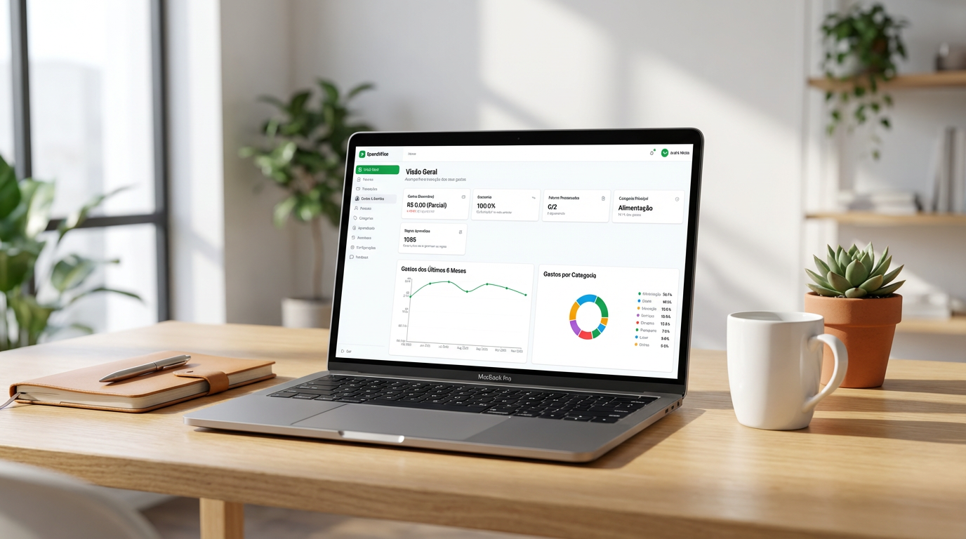 Dashboard do Junta Já mostrando gráficos de gastos por categoria e balanço mensal em um MacBook Pro