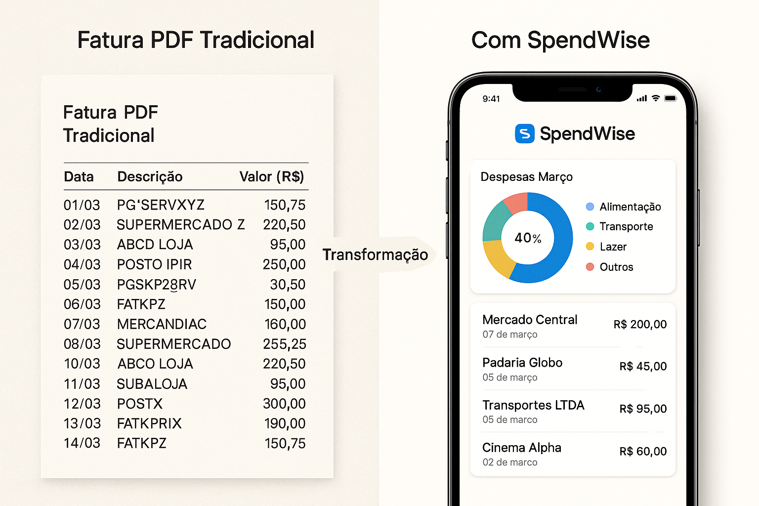 Comparativo entre fatura PDF confusa e dados organizados pelo Junta Já com IA