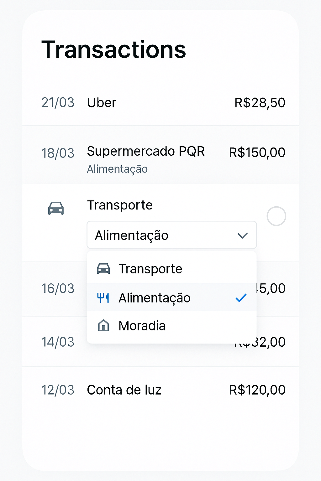 Interface do Junta Já mostrando lista de transações categorizadas